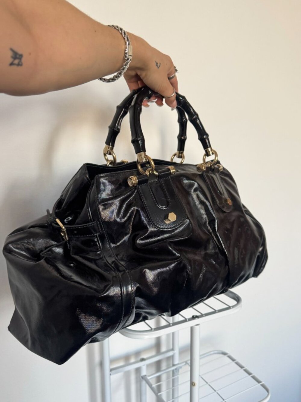 Black Patent Gucci Bag with Bamboo Handles - Picture 2 of 8